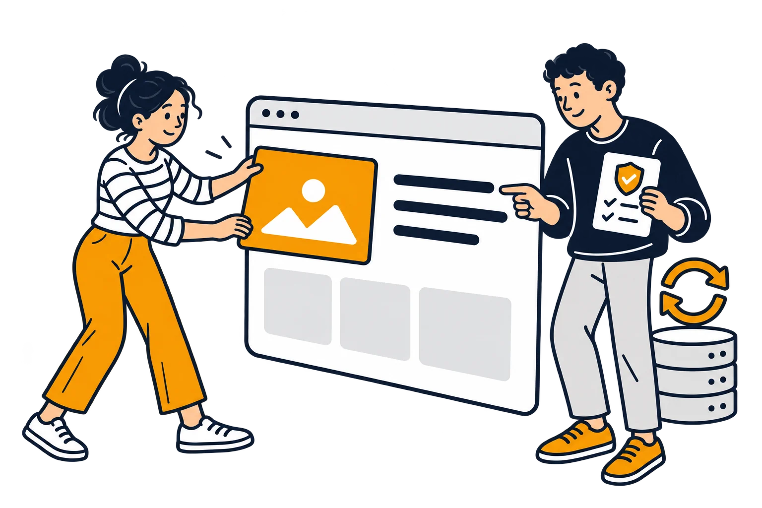 Eine Website-Betreiberin gestaltet ihre Inhalte. Ihr technischer Ansprechpartner kümmert sich um Updates, Sicherung und Schutz.
